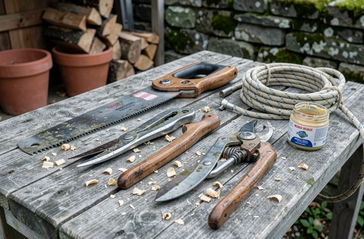 Outils d'élagage professionnels disposés sur un établi en bois avec sécateur, scie et corde d'arboriste