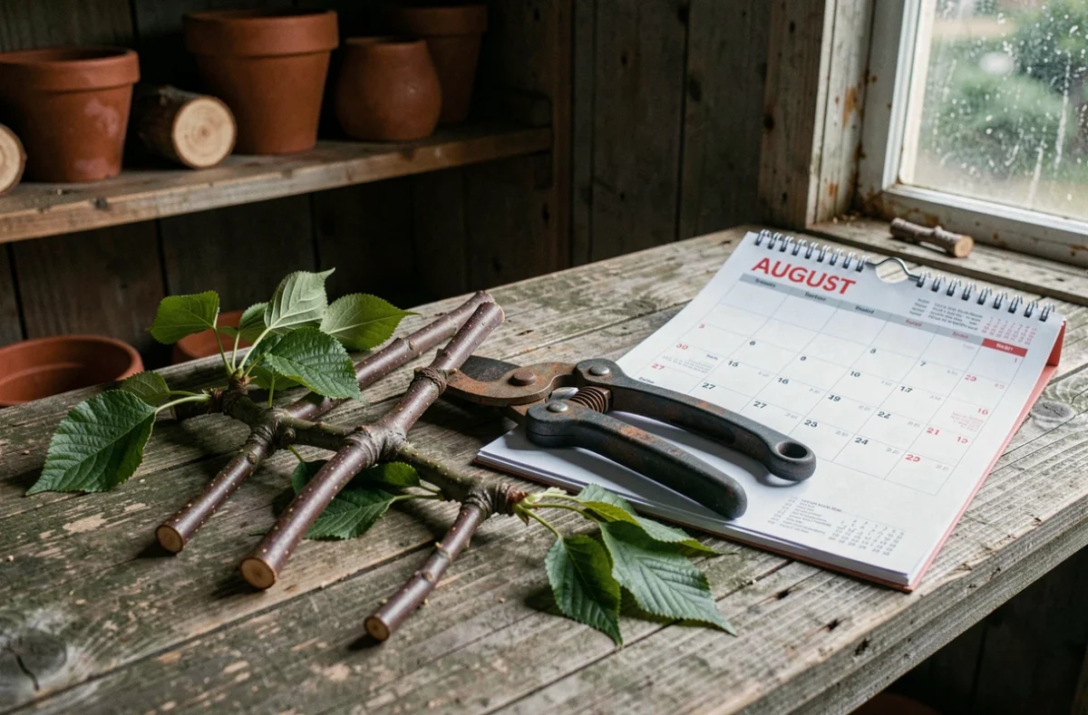 Outils d'élagage posés près d'un calendrier ouvert avec des rameaux de cerisier coupés dans un abri de jardin