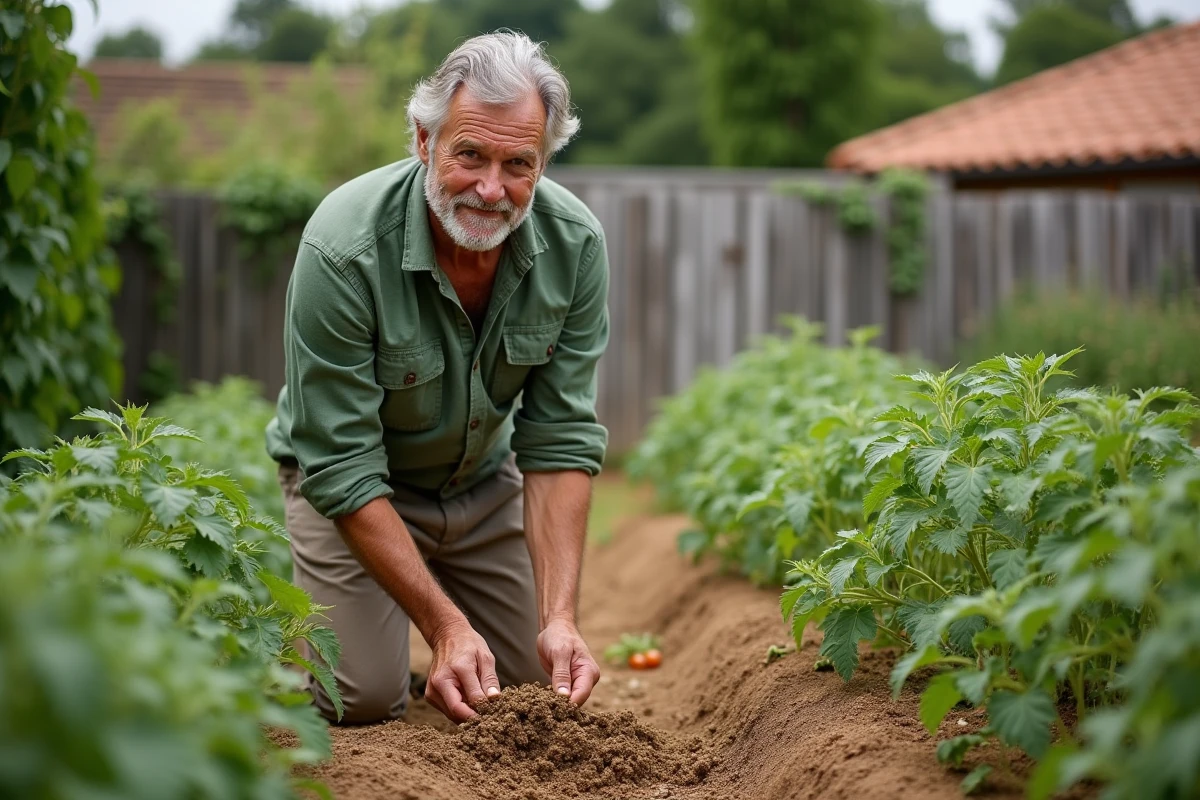 Jardinier épandant du paillis d'algues séchées autour de plants de tomates dans un potager bio en Provence