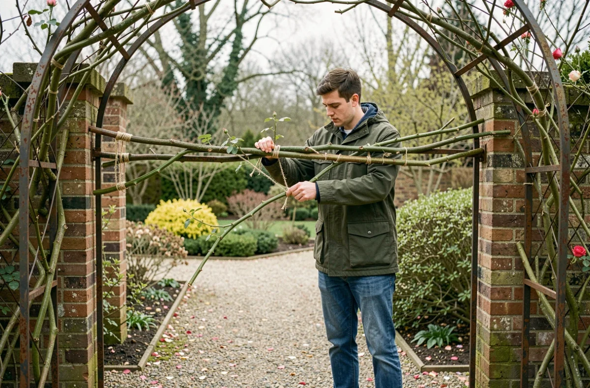 Jeune jardinier palissant les tiges d'un rosier grimpant sur une arche en fer forgé après la taille de plantation