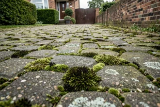 Pavé autobloquant envahi de mousse verte dans une allée résidentielle, vue grand angle au niveau du sol