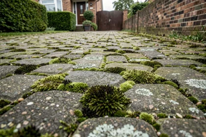Pavé autobloquant envahi de mousse verte dans une allée résidentielle, vue grand angle au niveau du sol
