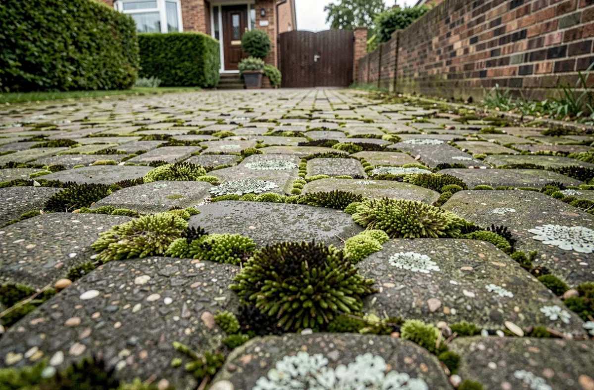 Pavé autobloquant envahi de mousse verte dans une allée résidentielle, vue grand angle au niveau du sol