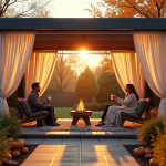 Pergola moderne dans un jardin d'automne avec personnes buvant chaud