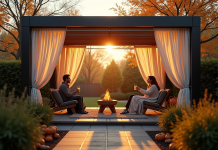 Pergola moderne dans un jardin d'automne avec personnes buvant chaud