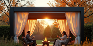 Pergola moderne dans un jardin d'automne avec personnes buvant chaud
