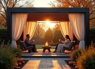 Pergola moderne dans un jardin d'automne avec personnes buvant chaud
