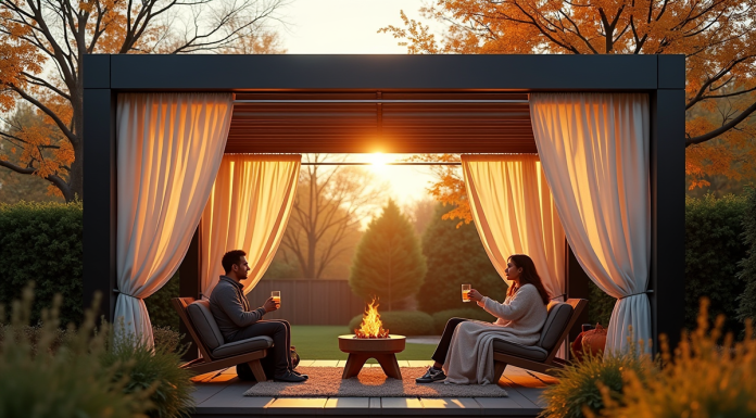 Pergola moderne dans un jardin d'automne avec personnes buvant chaud