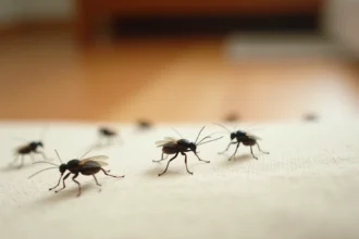 Petites bêtes noires sauteuses en gros plan sur un tissu beige, insectes microscopiques identifiés pour traitement anti-insectes