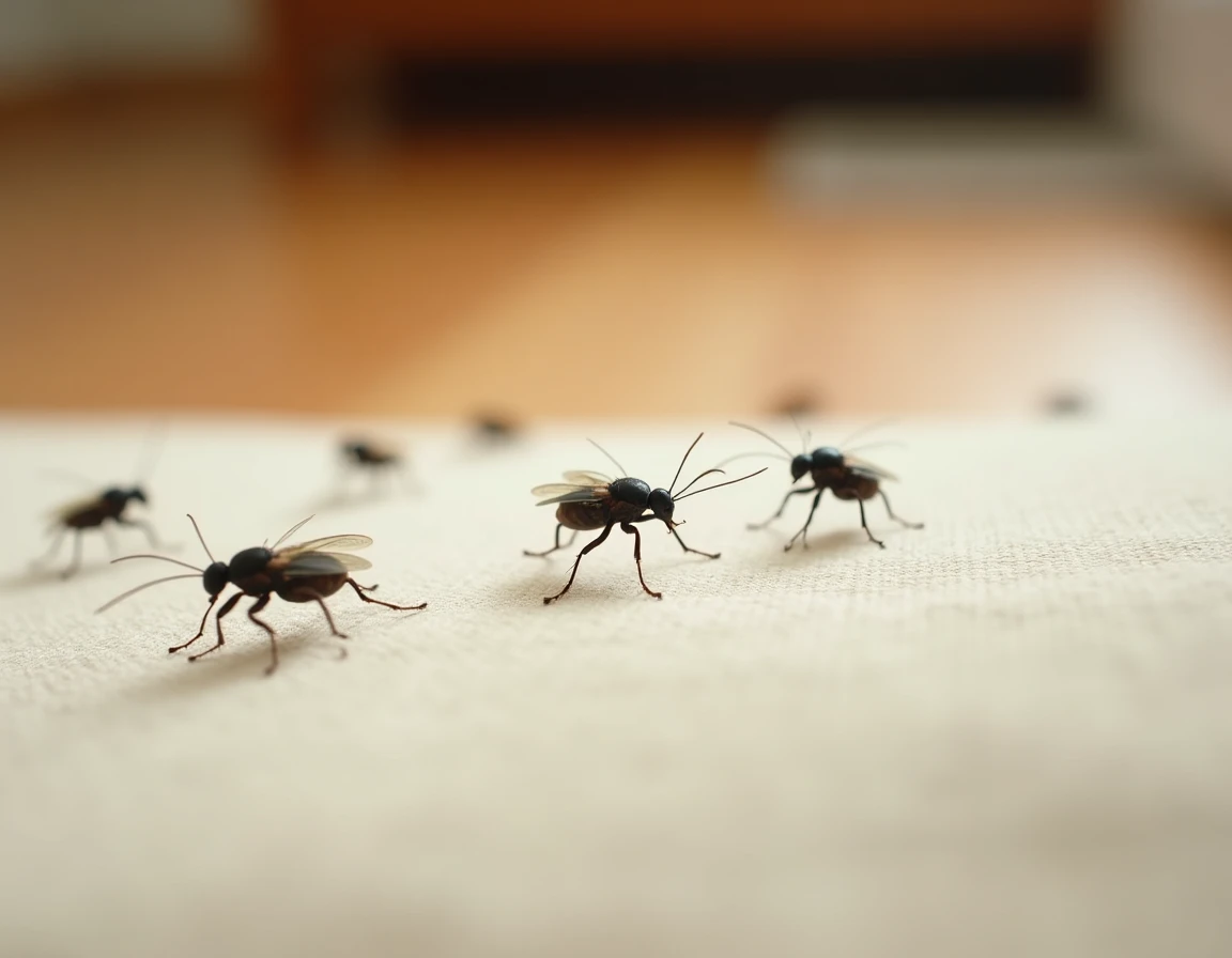 Petites bêtes noires sauteuses en gros plan sur un tissu beige, insectes microscopiques identifiés pour traitement anti-insectes