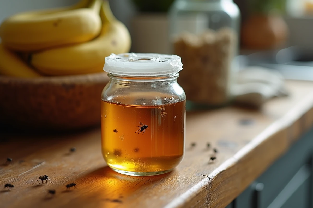 Piège attrape moucherons artisanal fait maison avec vinaigre de cidre dans un bocal en verre sur un plan de travail en bois