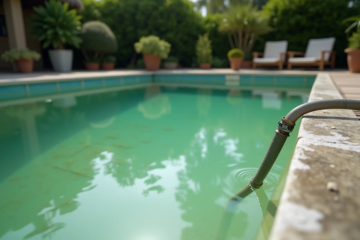 Piscine résidentielle avec eau verte trouble due aux algues, vue de la plage en béton avec tuyau d'arrosage pour vidange partielle