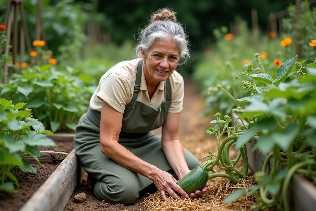 Femme jardinière appliquant du paillis de paille autour d'un plant de melon dans un potager en permaculture avec plantes compagnes