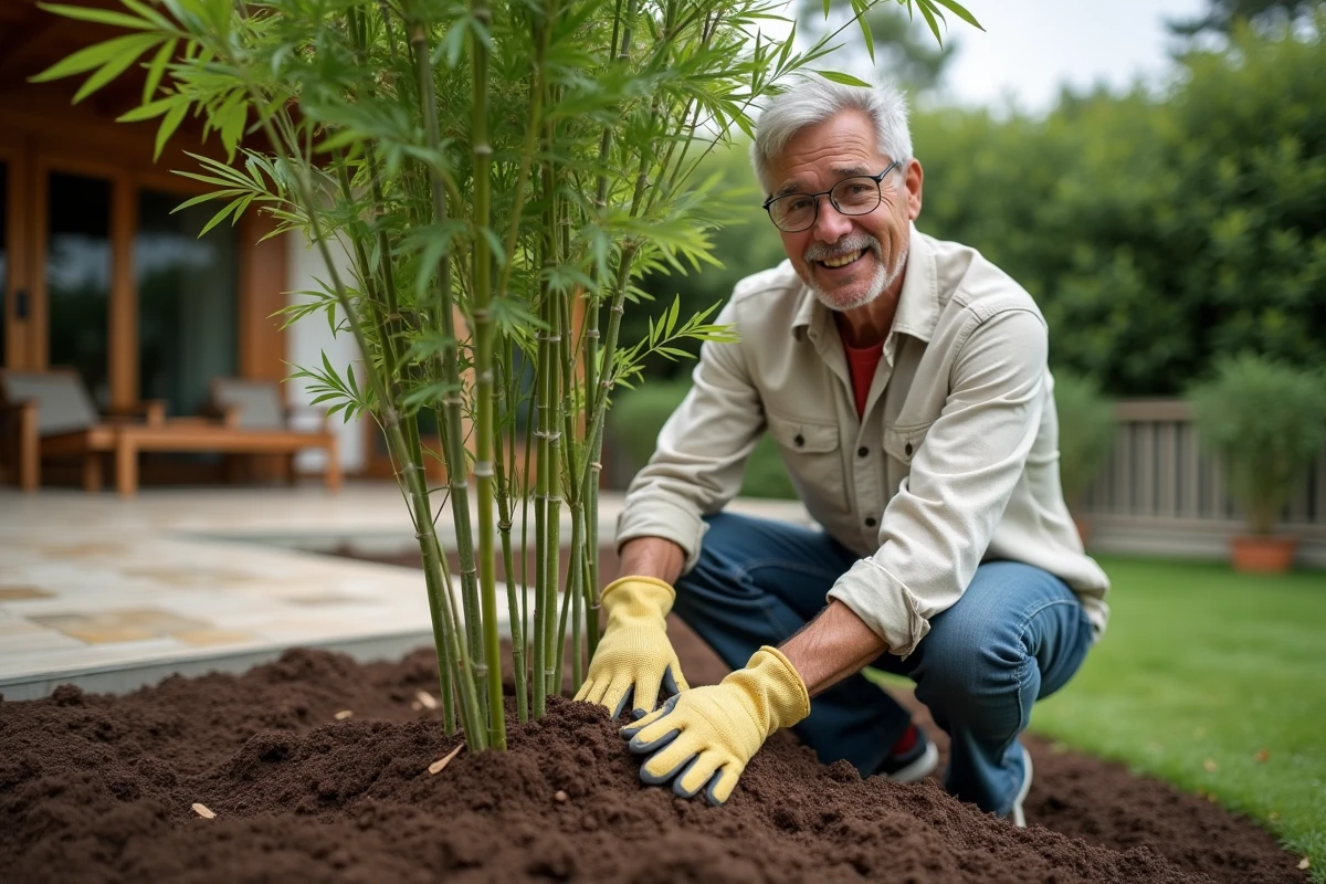 Jardinier plantant un bambou non traçant dans un massif de jardin avec des gants de jardinage