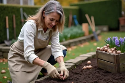 Jardinière plantant des bulbes d'Hyacinthus orientalis dans un parterre de jardin en automne