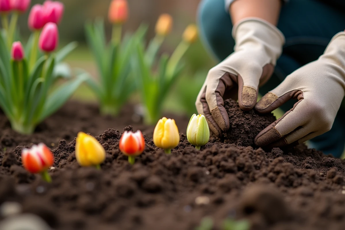 Mains gantées plantant des bulbes dans la terre