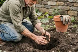 Jardinier plantant un jeune figuier dans un jardin au printemps avec un sol riche et bien travaillé