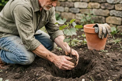 Jardinier plantant un jeune figuier dans un jardin au printemps avec un sol riche et bien travaillé