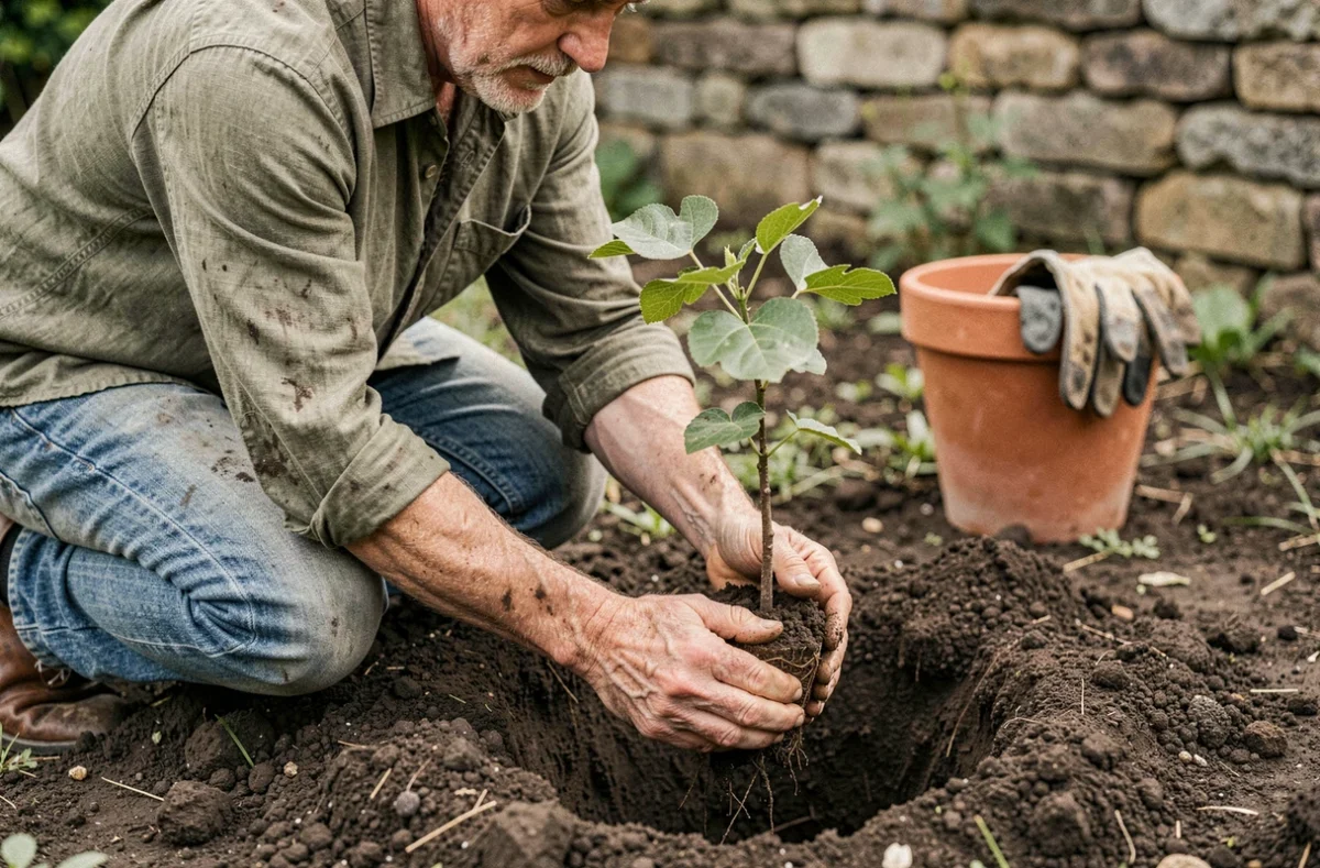 Jardinier plantant un jeune figuier dans un jardin au printemps avec un sol riche et bien travaillé