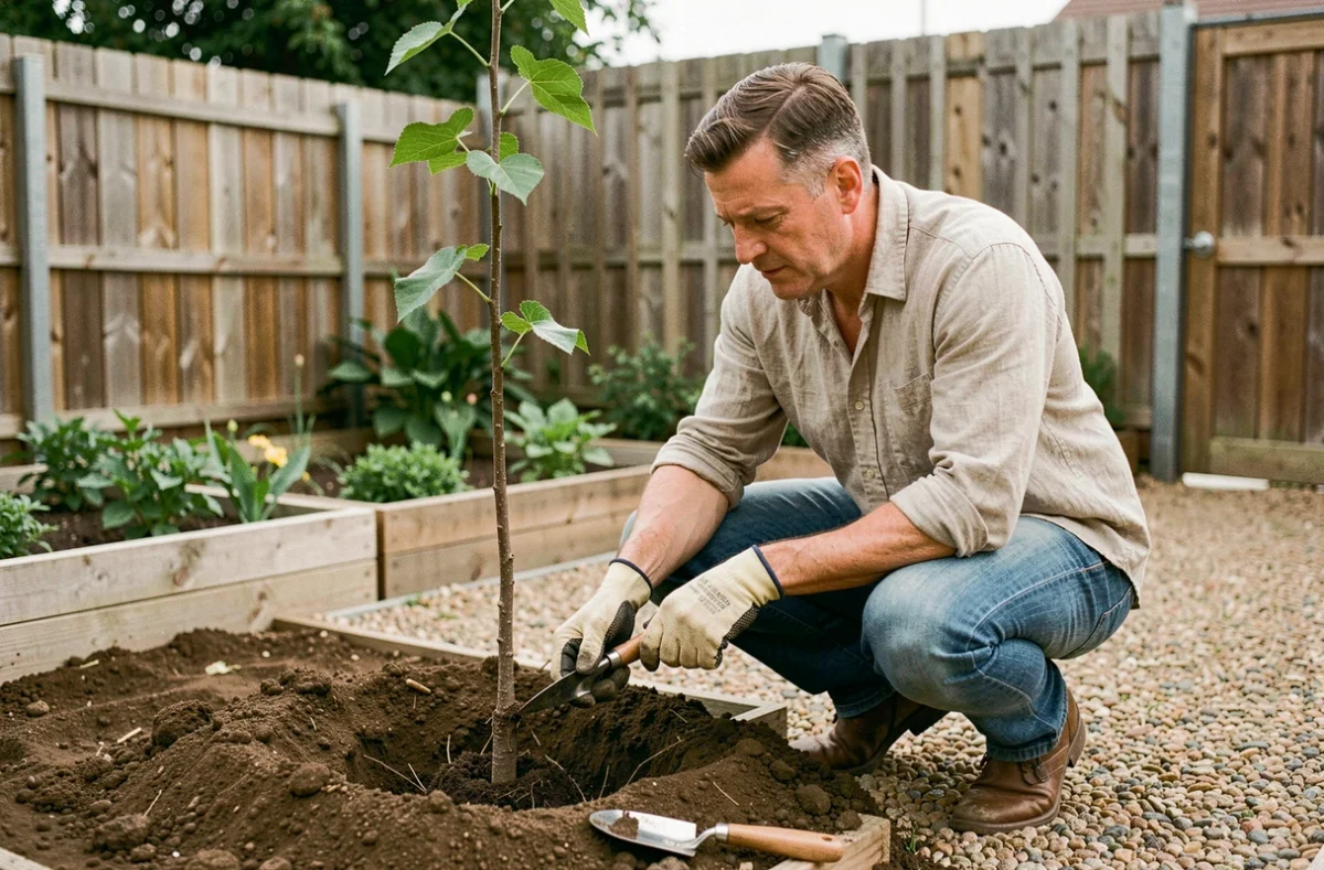 Jardinier adulte plantant un jeune mûrier platane dans un petit jardin de banlieue avec potager surélevé et chemin en gravier