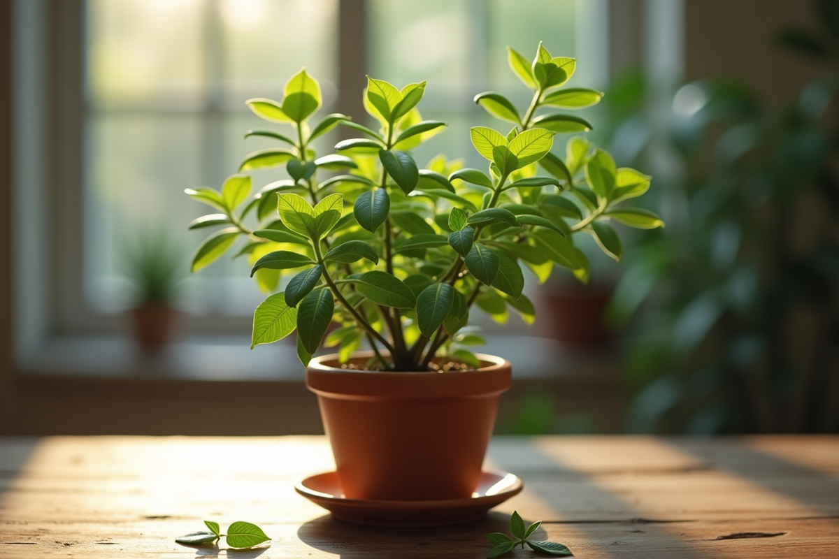 Jade en perte de feuilles sur une table en lumière indirecte