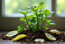 Plante de jade avec feuilles jaunes sur le sol en lumière naturelle