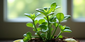 Plante de jade avec feuilles jaunes sur le sol en lumière naturelle