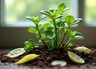 Plante de jade avec feuilles jaunes sur le sol en lumière naturelle