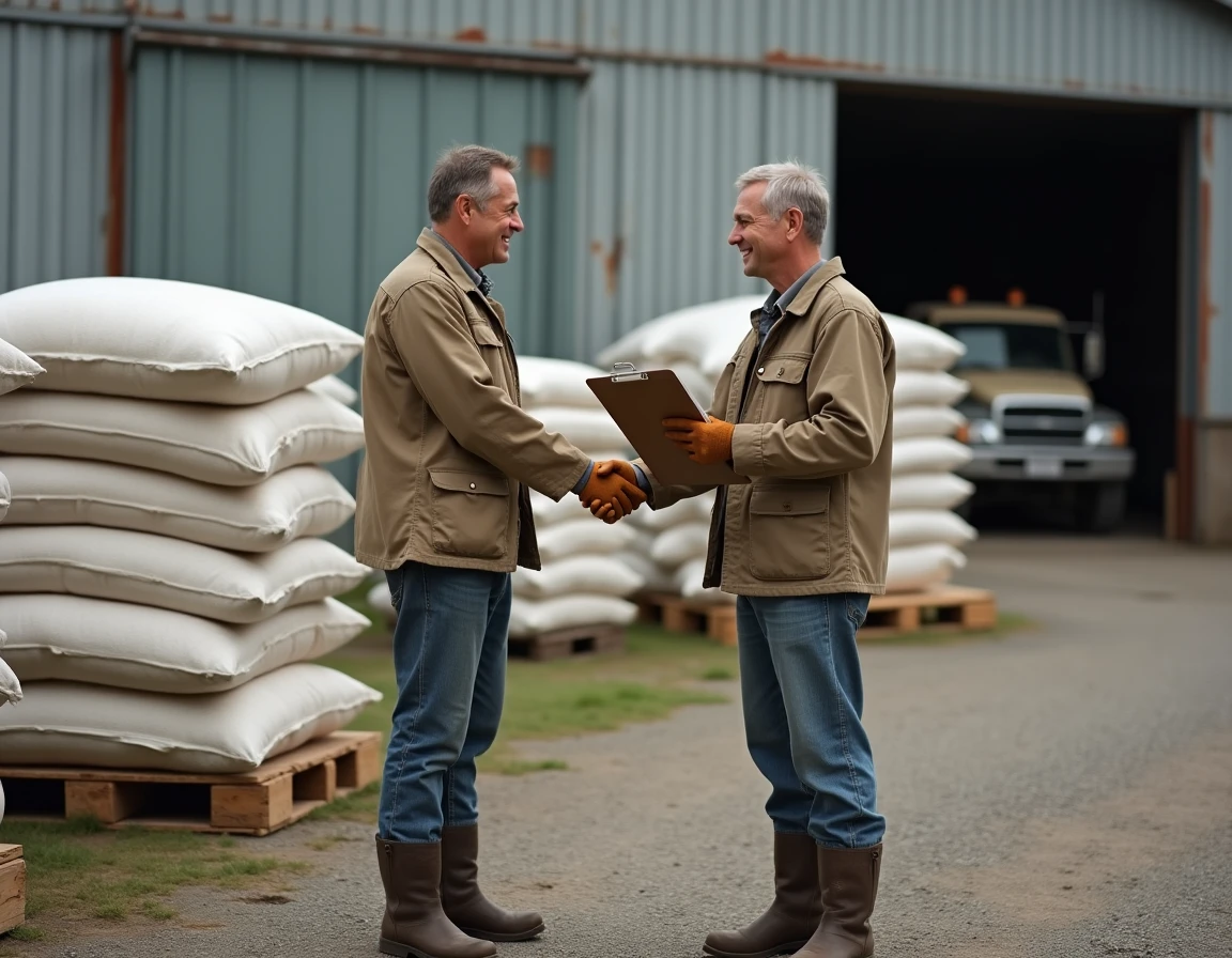 Deux agriculteurs scellant un accord d'achat groupé de fournitures agricoles dans la cour d'une coopérative