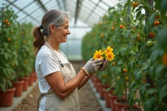 Femme pollinisant des fleurs de tomates à la main avec un outil électrique dans une serre verdoyante