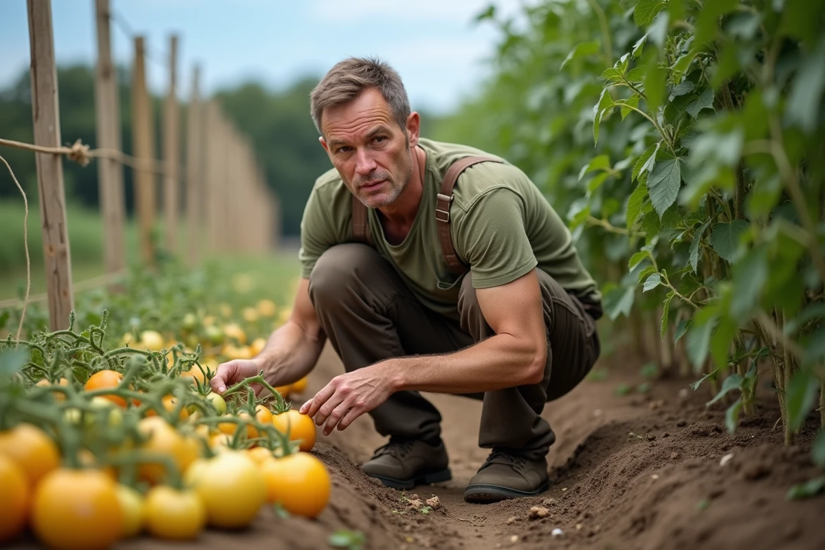 Jardinier utilisant un pinceau fin pour polliniser des plants de tomates en plein air dans un potager