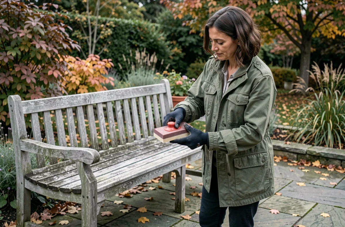 Femme ponçant un banc de jardin en teck grisé avant l'application d'huile de restauration