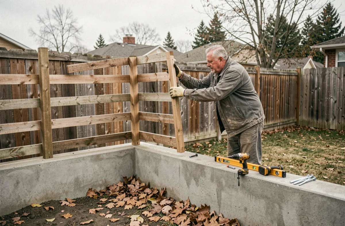 Artisan installant une clôture en bois sur muret béton par vent fort, avec perceuse et boulons d'ancrage au sol