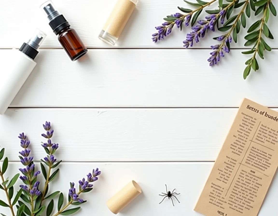 Produits de traitement anti-insectes disposés en flat-lay avec plantes naturelles pour lutter contre les petites bêtes noires sauteuses