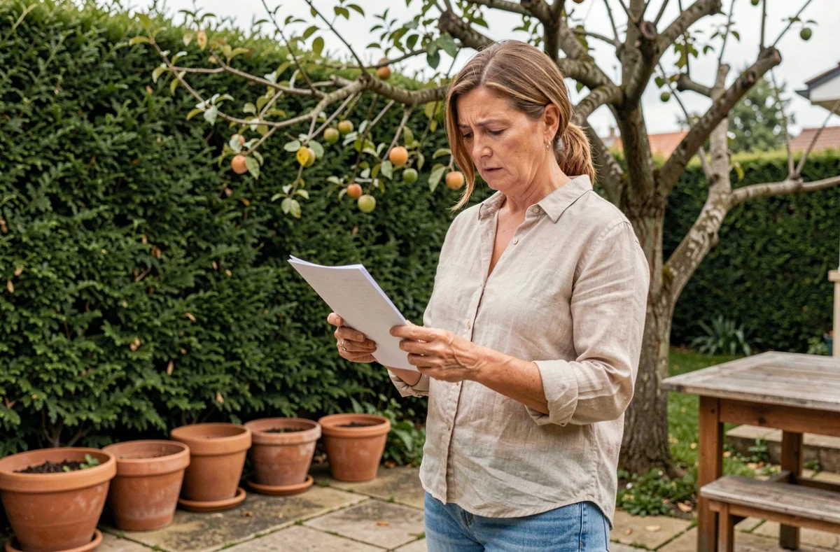 Propriétaire immobilière consultant un contrat de location dans son jardin avec des arbres non taillés en arrière-plan