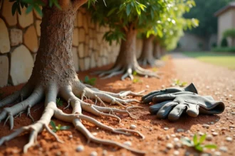 Racines de laurier rose exposées au sol dans un jardin méditerranéen, révélant leur étendue latérale le long d'un mur en pierre