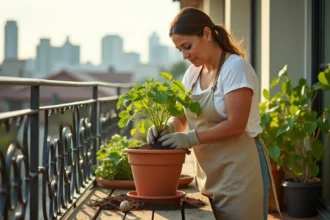 Femme rempotant un plant de christophine dans un grand pot en terre cuite sur un balcon urbain ensoleillé