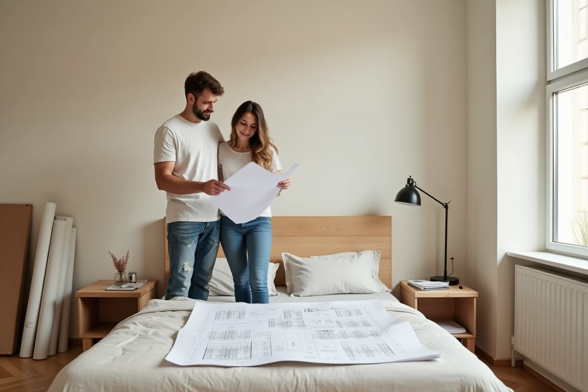 Couple examinant des plans de rénovation dans une chambre fraîchement rénovée avec parquet en chêne et murs en plâtre blanc