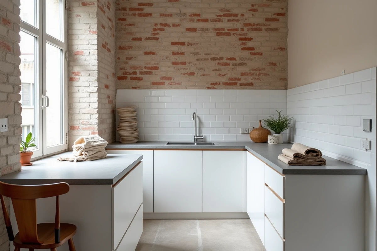Cuisine en cours de rénovation avec meubles blancs installés, crédence en carrelage métro à moitié posée et plan de travail en quartz gris