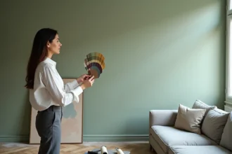 Décoratrice d'intérieur présentant des échantillons de couleurs dans un salon en cours de rénovation avec mur vert sauge et parquet en chevron