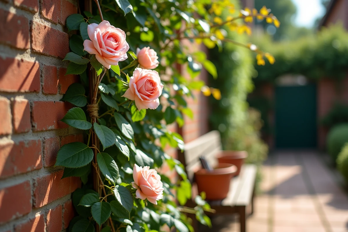 Rosier grimpant taillé et bien guidé sur un mur en briques, révélant lumière et espace dans le jardin