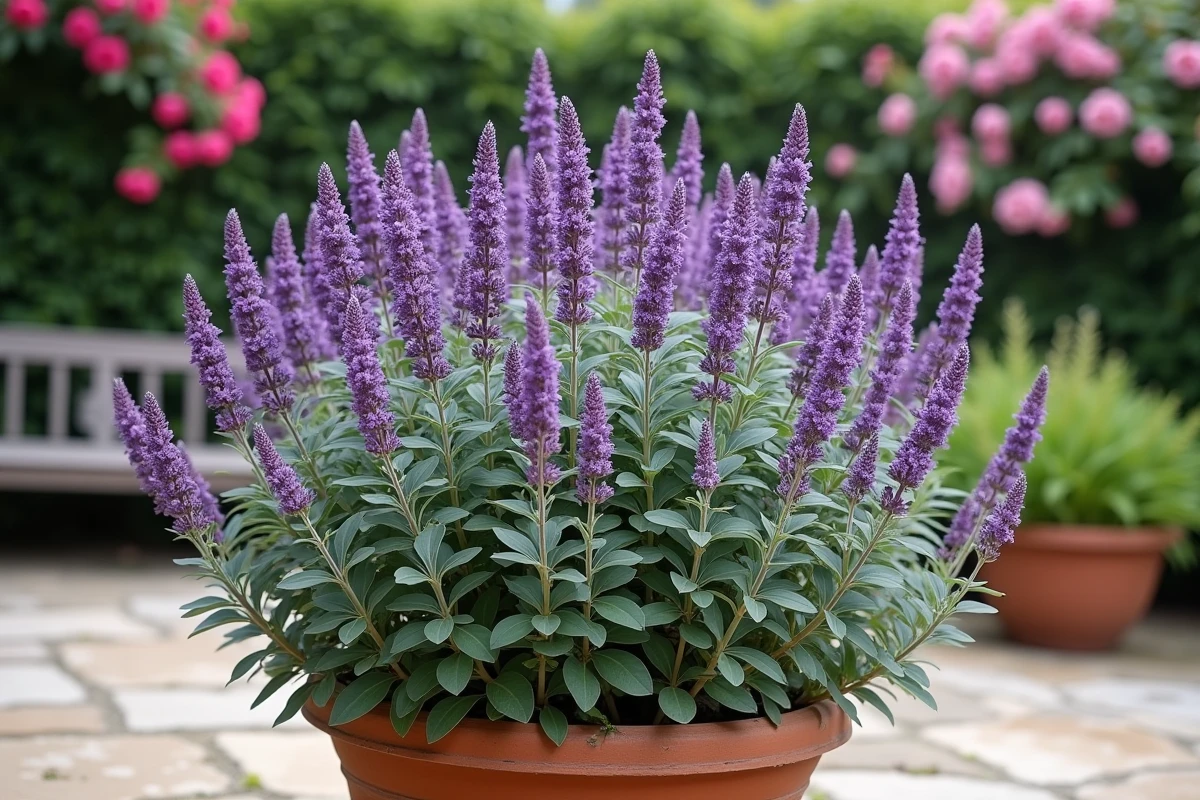 Sauge arbustive en pleine floraison avec des épis violets dans un pot en terre cuite sur une terrasse en pierre