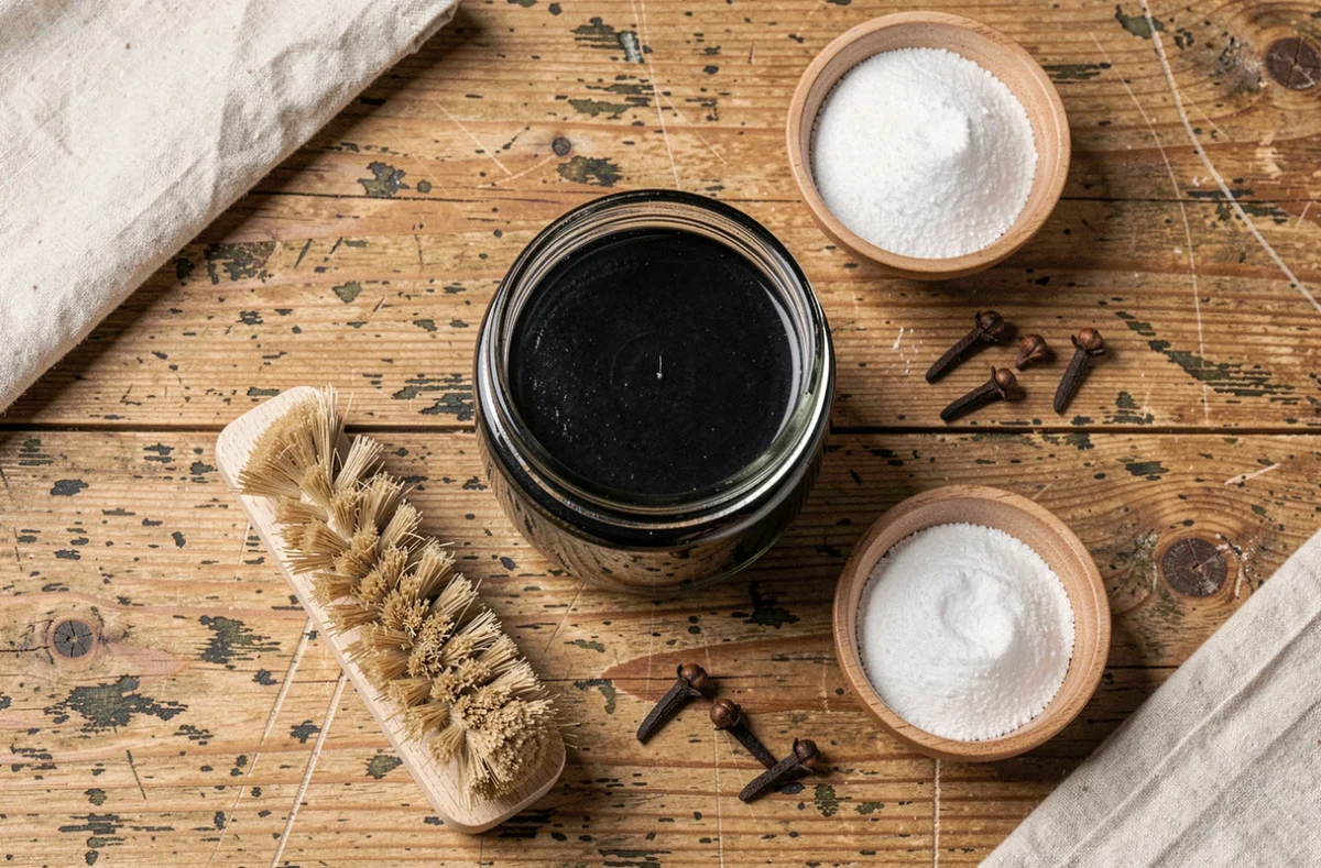 Bocal de savon noir artisanal avec brosse et ingrédients naturels pour lutter contre les fourmis à la maison