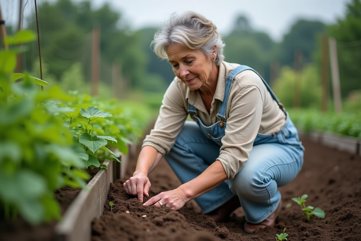 Femme semant des haricots dans un potager en terre humide avant la pluie