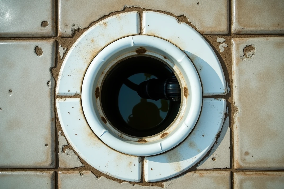 Vue en plongée du skimmer d'une piscine aux eaux vertes avec pompe de vidange partielle insérée, entouré de carrelage vieilli