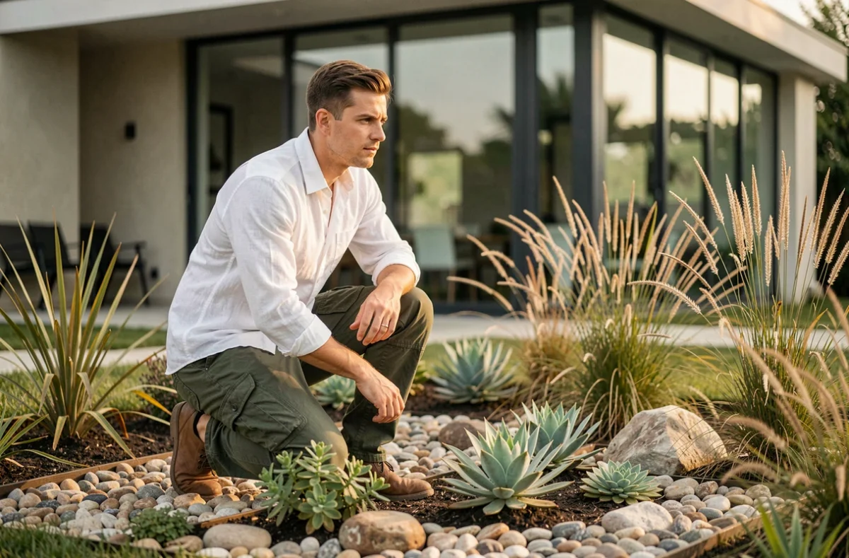 Paysagiste Solyev finalisant l'installation d'un jardin contemporain à faible entretien dans le Rhône