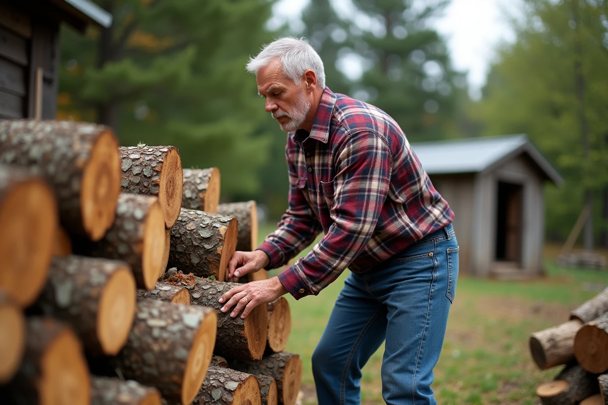 Homme d'âge moyen empilant du bois dans son jardin rural