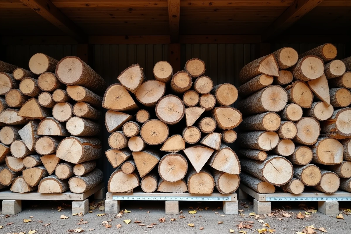Vue large d'un stockage de bois de chauffage en stères séparés avec mètre ruban visible dans un abri extérieur