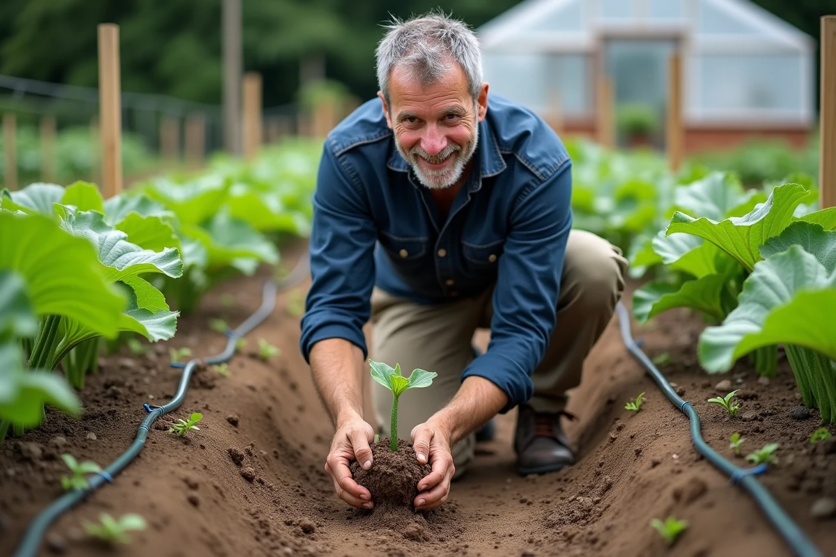 Jardinier replantant des jeunes plants de courgettes en rangs espacés selon une stratégie de plantation préventive contre les maladies