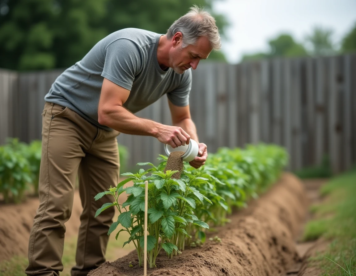 Homme appliquant trop d'engrais granulaire au pied de plants de tomates, illustrant une erreur courante de surdosage